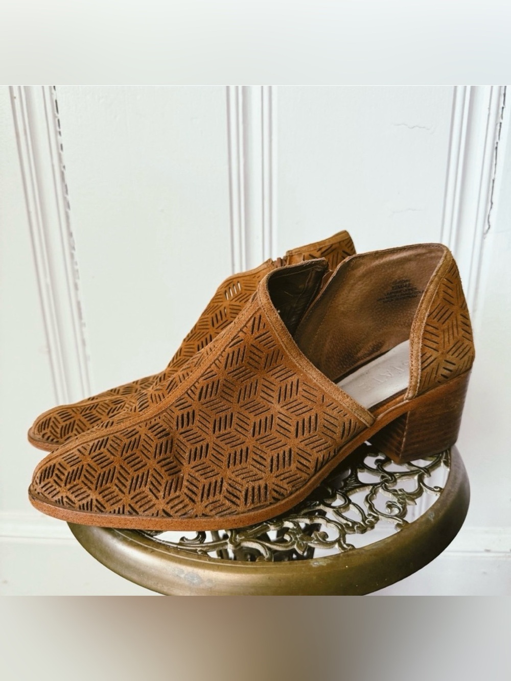 1. State Iddah Perforated Cutaway Suede Leather Booties in brown women’s 12